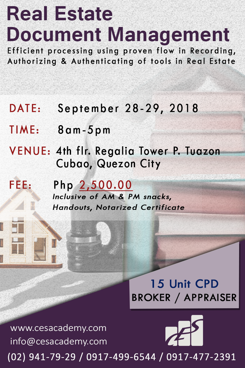 5 hour/unit CPD for Real Estate Brokers, Appraisers this September 28-29, 2018 at Regalia Tower, Cubao, QC